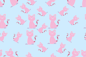 Seamless pink cat pattern on pastel blue background.