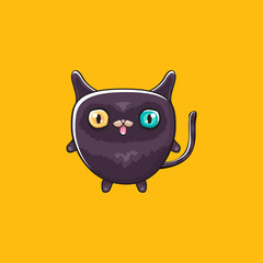 cute black halloween cat isolated on orange background. Cartoon happy black witch kitten with big eyes