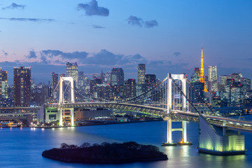 Sunset of Tokyo Bay with Rainbow Bridge in Odaiba city skyline