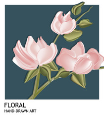 Botanical hand-drawn card template design, pink rose flowers and leaves on navy background, minimalist vintage style.  Tender soft illustration