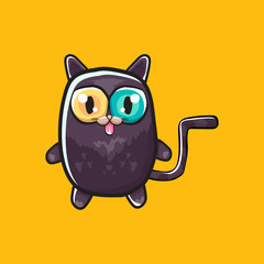 cute black halloween cat isolated on orange background. Cartoon happy black witch kitten with big eyes