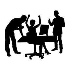 Black and white silhouette of a woman and two men who rejoice at the office table with a computer. Teamwork success concept, vector business clipart