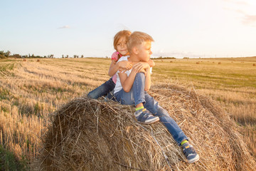 Naklejka na ściany i meble happy children sitting on haystack at sunset. girl hugged boy sitting in field