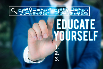 Word writing text Educate Yourself. Business photo showcasing prepare oneself or someone in a particular area or subject Male human wear formal work suit presenting presentation using smart device