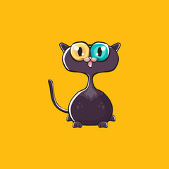 cute black halloween cat isolated on orange background. Cartoon happy black witch kitten with big eyes