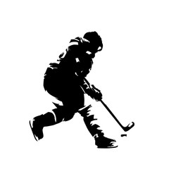 Hockey player skating with puck, comic style ink drawing. Isolated vector silhouette. Ice hockey