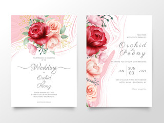 Flowers wedding invitation cards template with marble textures. Modern poster abstract background, greeting, save the date, greeting vector