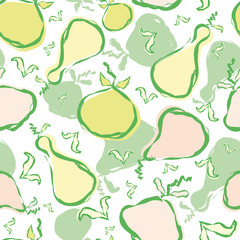 Hand drawn pears and apples in pastel green, pink and yellow all over print. Fresh seamless vector pattern on white background. Great for wellbeing, beauty, food products, stationery, packaging