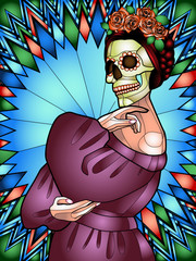 bright illustration in the style of stained Glass depicting a Girl with a skull instead of a face with a traditional Mexican hairstyle, a symbol of the holiday day of the dead
