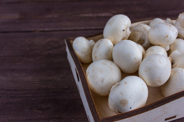 Champignon mushrooms in a wooden tray on a dark background