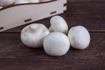Champignon mushrooms in a wooden tray on a dark background