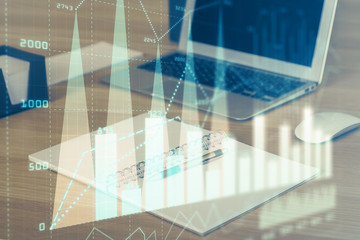 Multi exposure of forex chart and work space with computer. Concept of international online trading.
