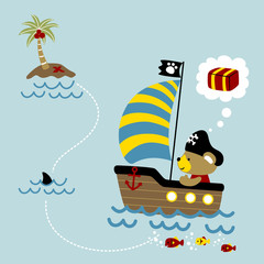 little bear on sailboat go to small island, treasure hunter, vector cartoon illustration
