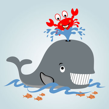playing water with whale and crab, vector cartoon illustration