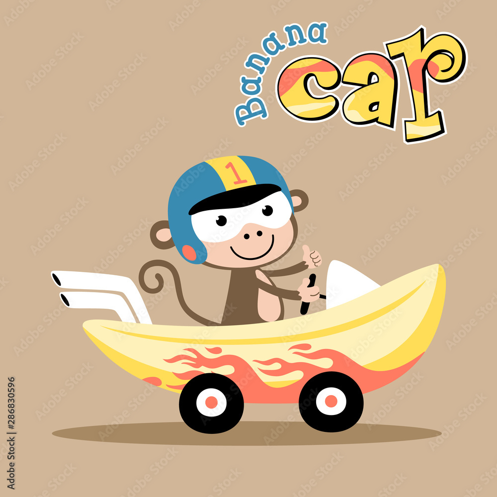 Wall mural monkey driving banana car, vector cartoon illustration