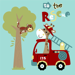 giraffe the firefighter in rescue mission to save the cat on tree, vector cartoon illustration