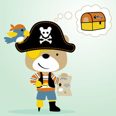 funny treasure hunter with cute bird, vector cartoon illustration