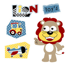 cute lion's with toys, vector cartoon illustration