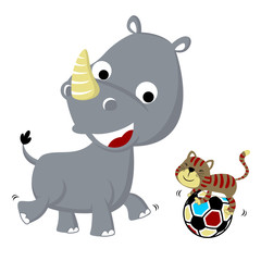 playing ball with rhino and cat, vector cartoon illustration