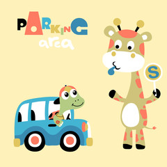 giraffe and turtle playing traffic, vector cartoon illustration