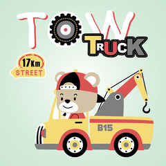 bear drive tow truck, vector cartoon illustration