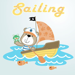 sailing with cute animals on sailboat, vector cartoon illustration