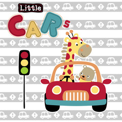 cute animals drive a car on striped vehicles background pattern, vector cartoon illustration