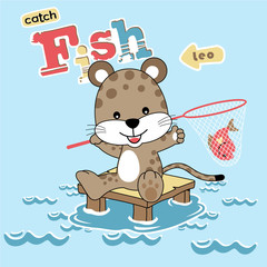 vector cartoon illustration of cute animal catching fish