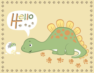 dino with its baby on footprint frame, vector cartoon illustration