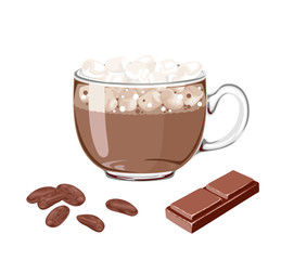 Cocoa with marshmallows in glass cup Isolated on white background. Sweet drink, cocoa beans and piece of chocolate. Vector illustration of dessert in cartoon simple flat style.