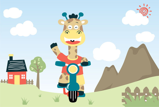 giraffe cycling on villages landscape background, vector cartoon illustration