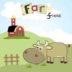 Obraz na płótnie Canvas farm field vector cartoon with funny cow on blue sky background