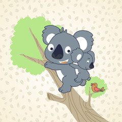 koala family cartoon climbing  tree on leaves background pattern © Bhonard21