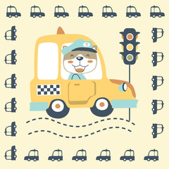 cute animals drive yellow car in silhouette vehicles frame, vector cartoon