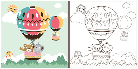vector cartoon of hot air balloons with cute animals, coloring book or page