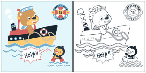 vector cartoon of bear the lifeguard on the boat save a little penguin, coloring book or page