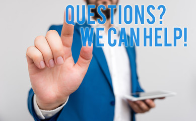 Conceptual hand writing showing Questionsquestion We Can Help. Concept meaning offering help to those who wants to know Businessman with pointing finger in front of him