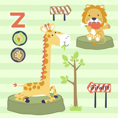Obraz na płótnie Canvas cute animals meal time, giraffe eat leaves, lion eat meat, vector cartoon illustration