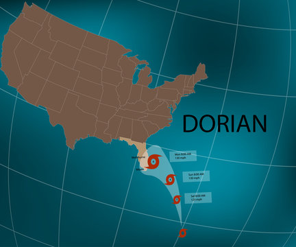 Hurricane Dorian. Florida's East Coast. World Map. Vector Illustration