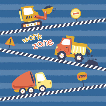 set of construction vehicles or heavy tools with construction signs on striped background, vector cartoon illustration