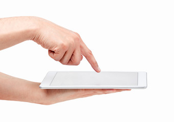 man's hand above a digital tablet isolated