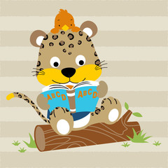 vector cartoon of leo and bird read a book