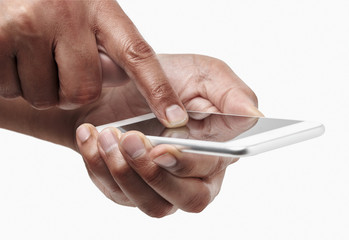 man hands writing with his thumbs on a mobile phone