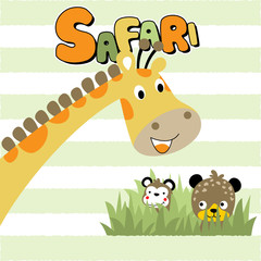 vector cartoon of safari animals, giraffe, leopard, monkey