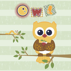 owl with a fruit perch on a tree with a caterpillar, vector cartoon illustration