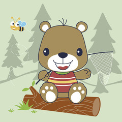 catch insects with little bear, vector cartoon illustration