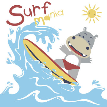 surfing time with cute hippo at summer, vector cartoon illustration