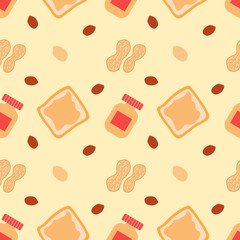 Sweet peanut ornament. Seamless pattern with toast, peanut butter jar, kernels and nutshells