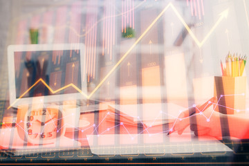 Financial graph displayed on woman's hand taking notes background. Concept of research. Multi exposure