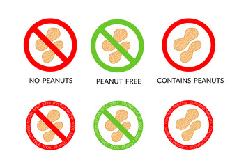 Set of six allergy free stickers, no peanuts warning signs. Red and green isolated vector illustration. Usable for product packaging, posters, banners